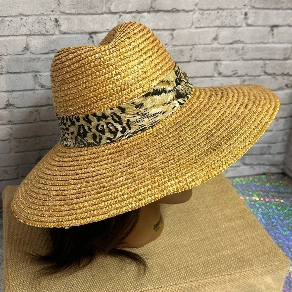 Womens Tan Straw Sun Hat Animal Print Accent Band Pearl Stick Pin Wide Brim Hat